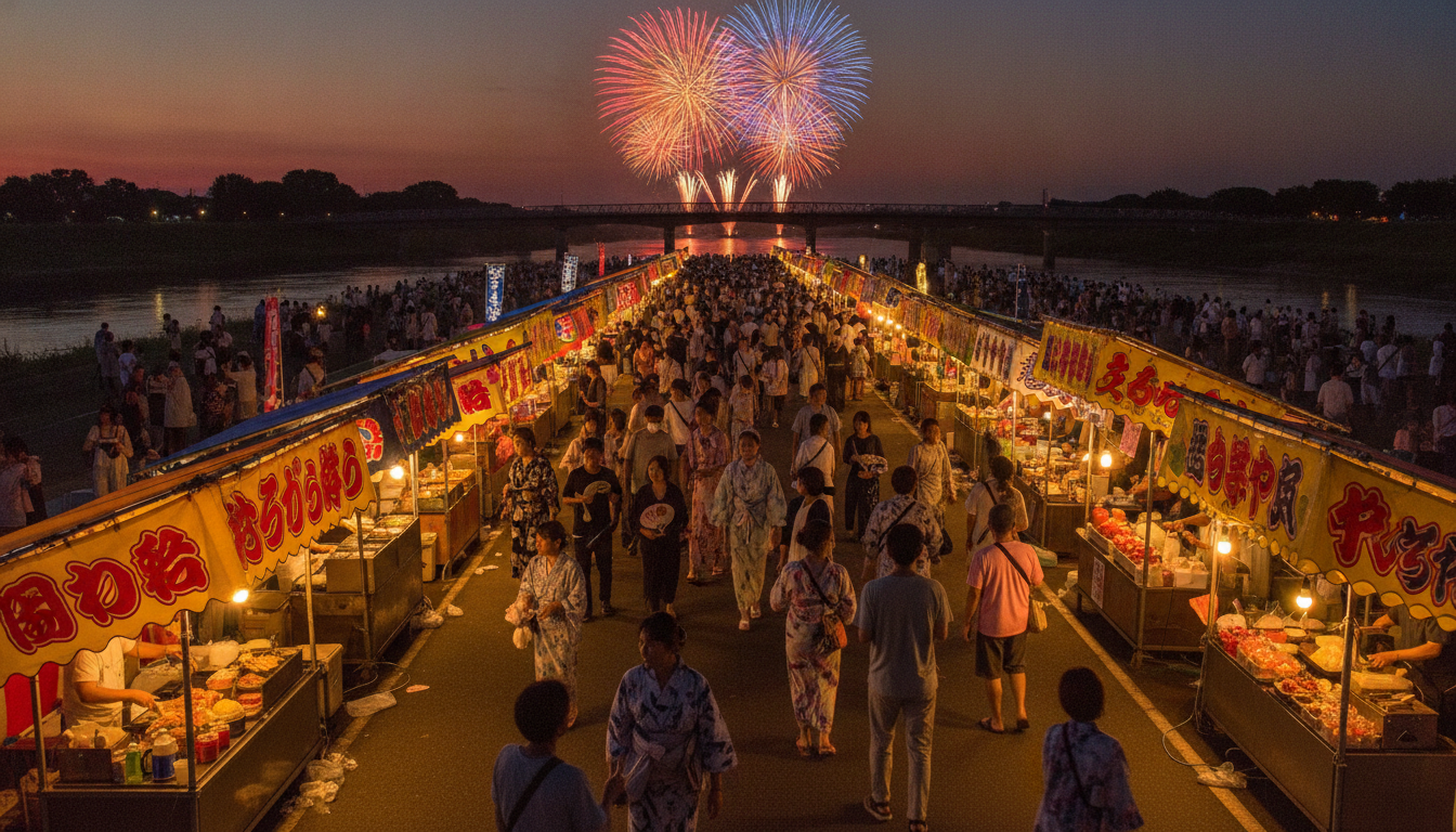 吉野川祭り納涼花火大会2026の屋台は約100店舗が14時から出店