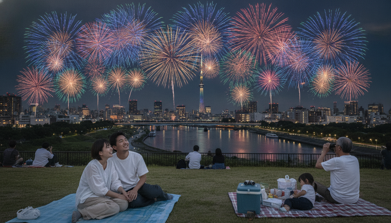 隅田川花火大会2026で座って見れる場所は「有料席」か「会場から離れた公園」が基本