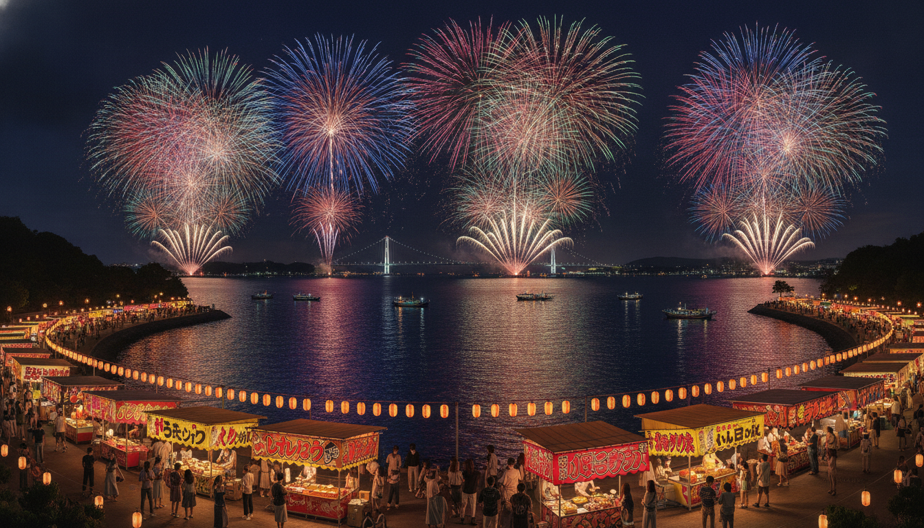 関門海峡花火大会2026の屋台は下関側と門司側の両岸に約150店以上が出店予定