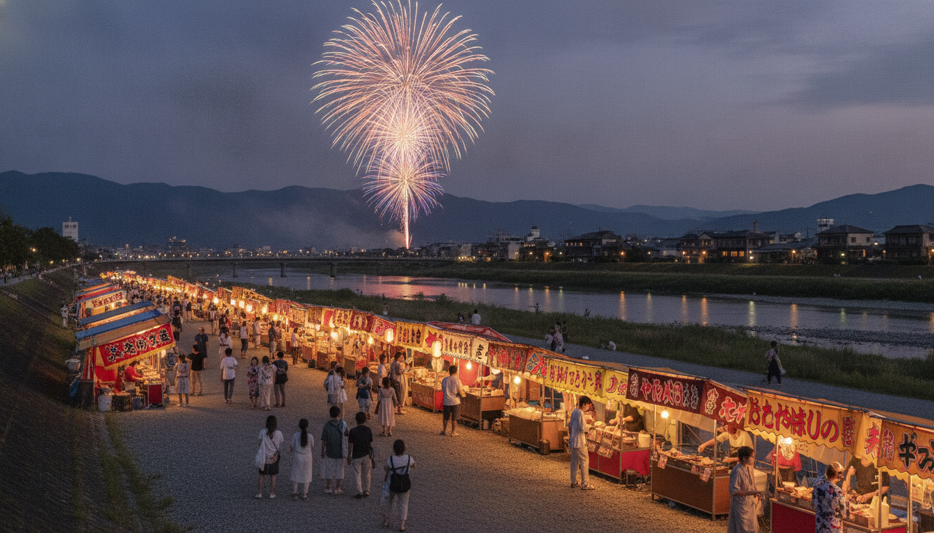 石和温泉花火大会2026の屋台は笛吹川河川敷一帯に約70店舗が出店予定